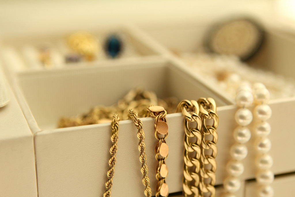 Gold and pearl jewelry in a box